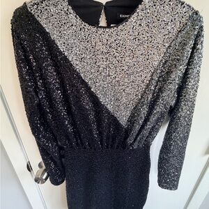 Express Black and Silver Sequin Long Sleeve Dress